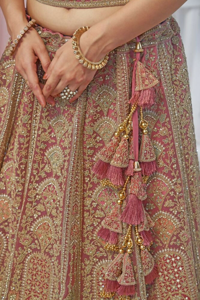 Kesar Fab Onion Net Embroidered Lehenga