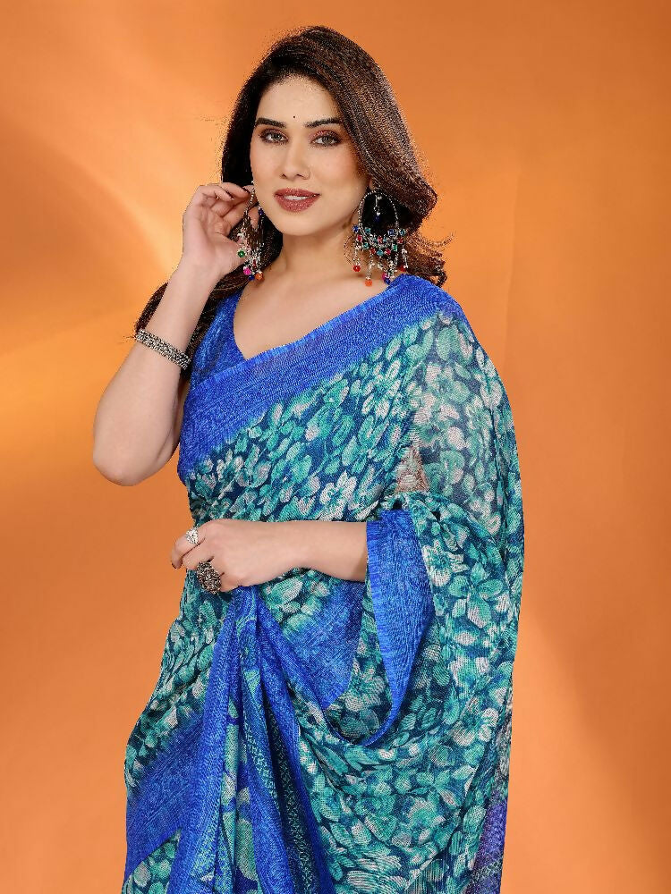 PR Fashion Blue Kota Doria Printed Saree