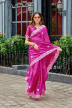 Vastranavya Pink Embroidery Work Shimmer Chiffon Saree with Unstitched Blouse - Distacart
