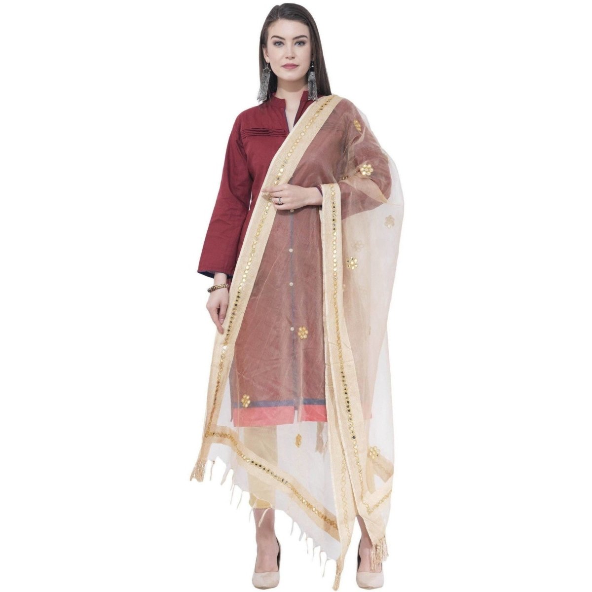 A R SILK Light golden Color Flower mirror Orgenza cotton Dupattas and Chunnis