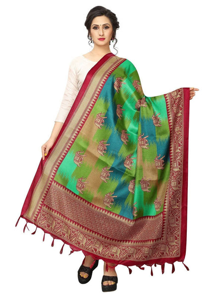 Vamika Red and Peacock Green Printed Khadi Bhagalpuri Dupatta
