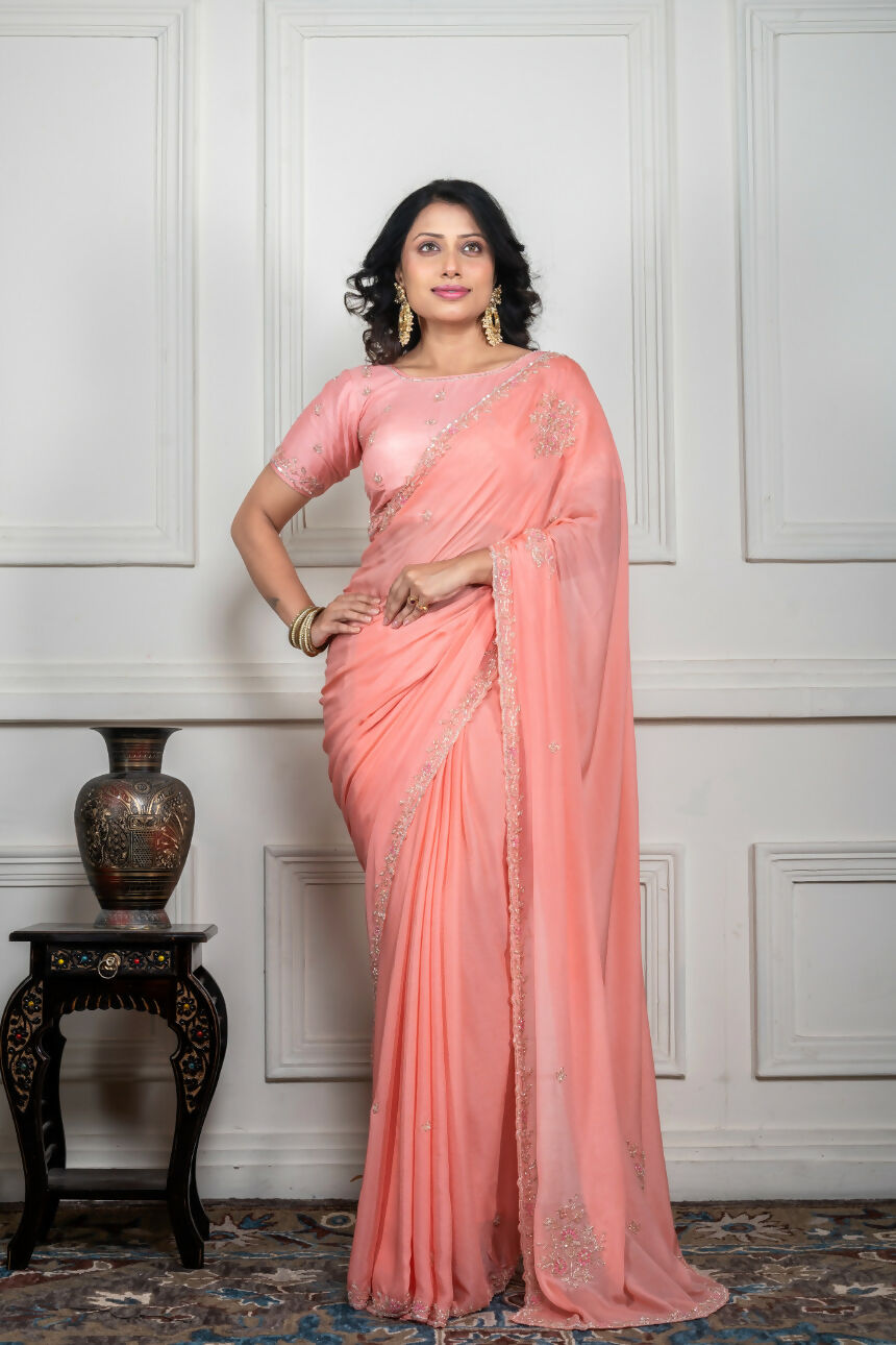 Morchari Peach Chiffon Hand Embroidery Saree And Stitched Blouse - Distacart