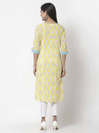Myshka Women Yellow Cotton Printed 3/4 Sleeve Round Neck Kurta