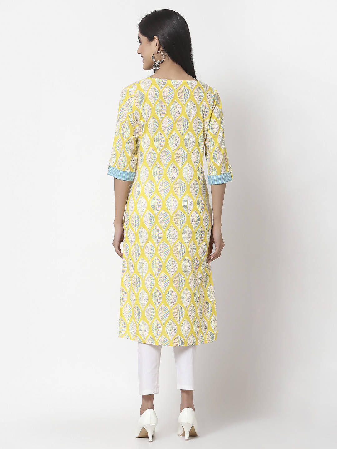 Myshka Women Yellow Cotton Printed 3/4 Sleeve Round Neck Kurta
