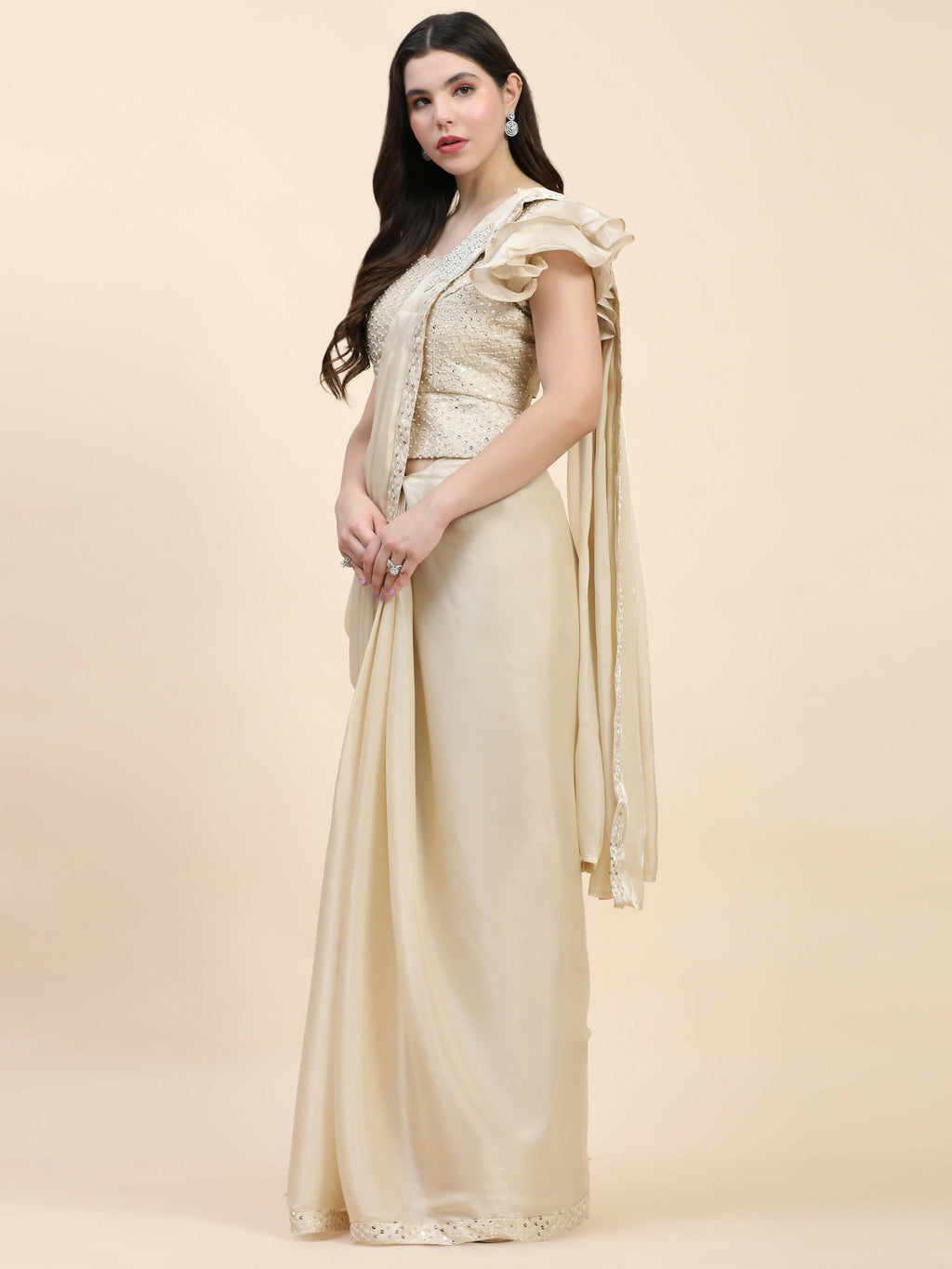 Beige Silk Satin Sequence Work Ready to Wear Saree with stitched Blouse - Nirvana