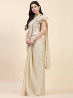 Beige Silk Satin Sequence Work Ready to Wear Saree with stitched Blouse - Nirvana