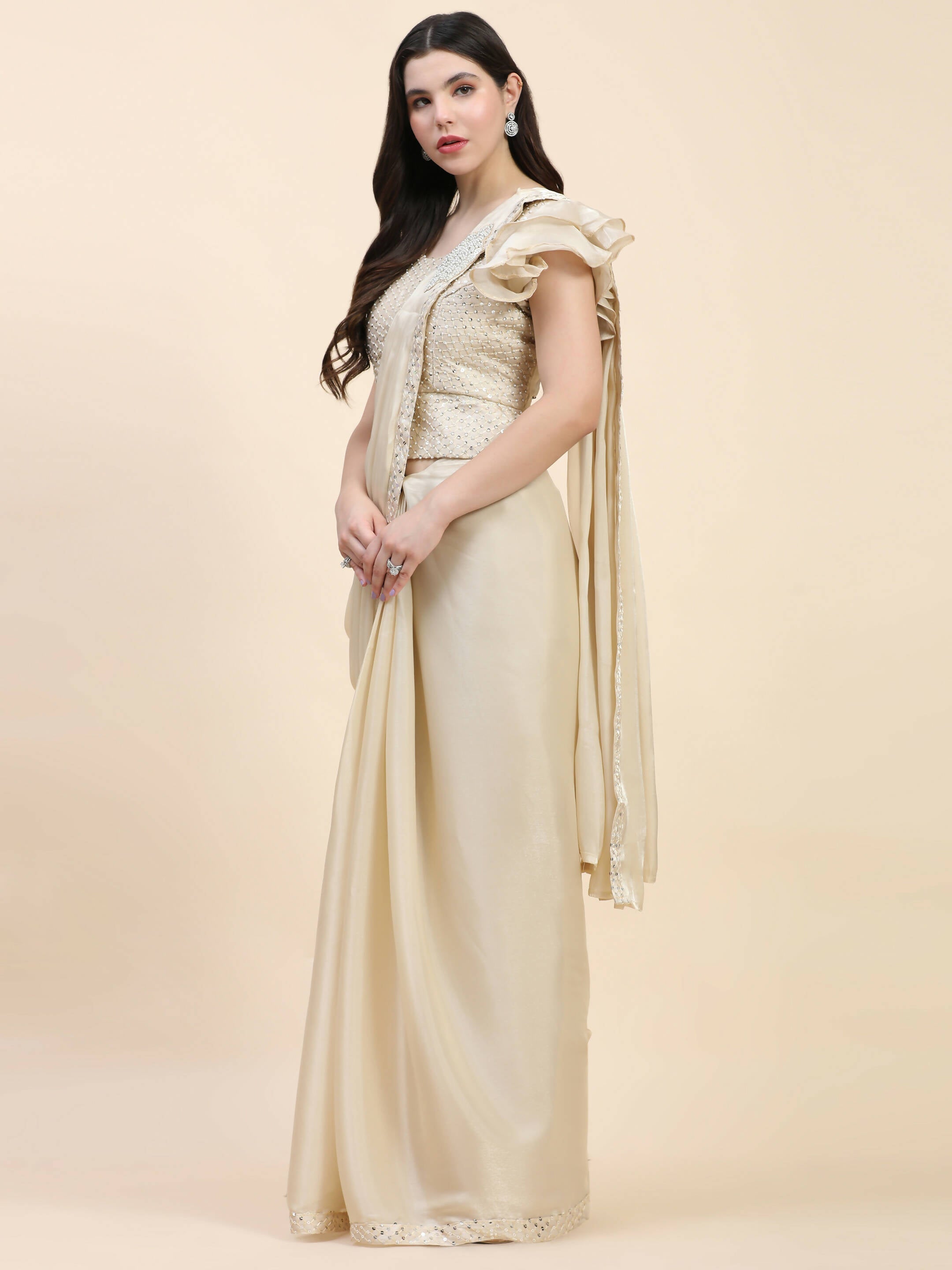 Beige Silk Satin Sequence Work Ready to Wear Saree with stitched Blouse - Nirvana