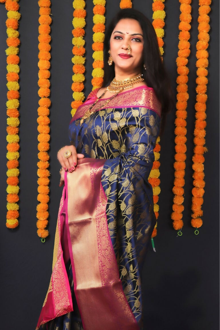 Jyoti Fashion Women's Navy Blue Kanjivaram Silk Zari Woven Saree with Blouse