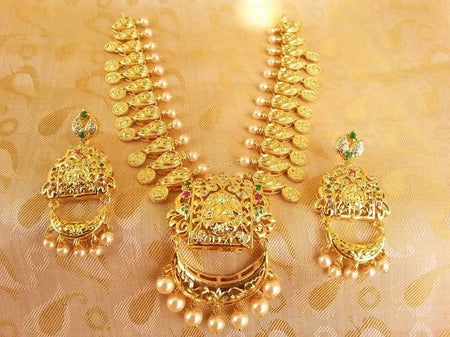 Gold-Polished Multicolor Lakshmi Kasu Necklace Set