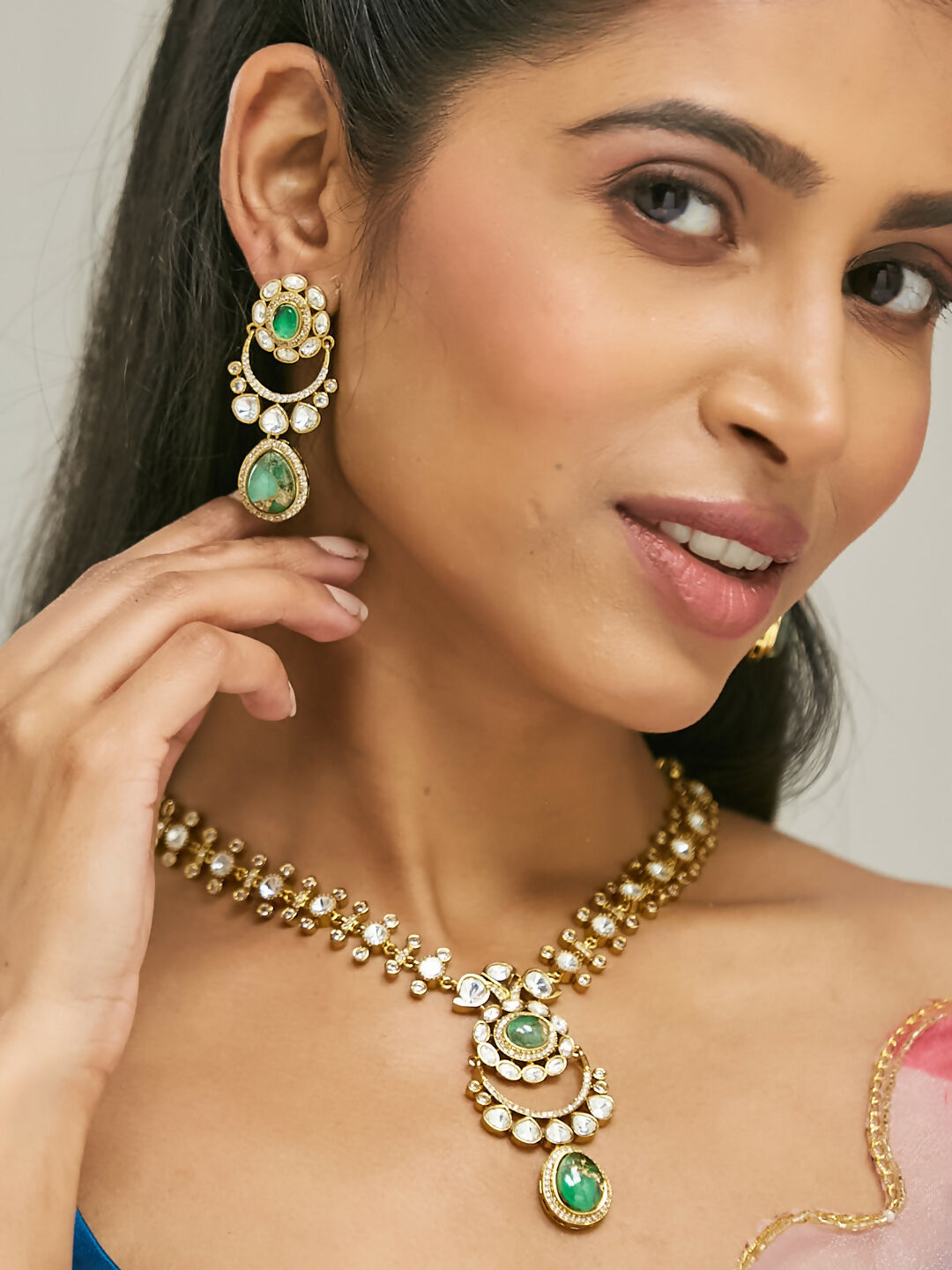 Nuyug 22K Gold-Plated Kundan Studded Faux Jasper Stone Necklace Set