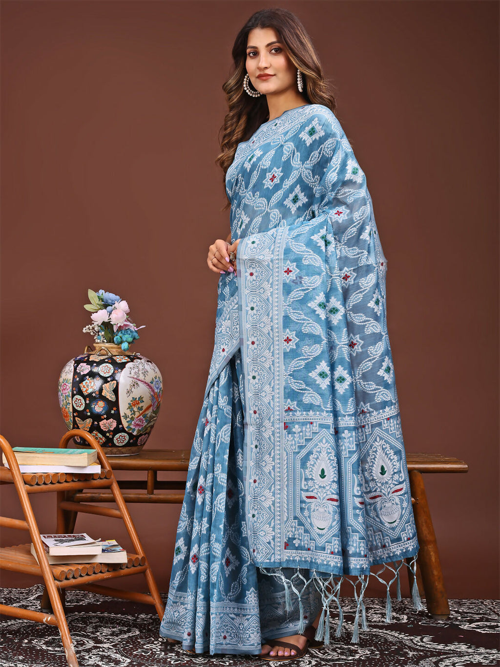 Shree Shyam Fashion Pankhuri Sky Blue Linen Cotton Saree