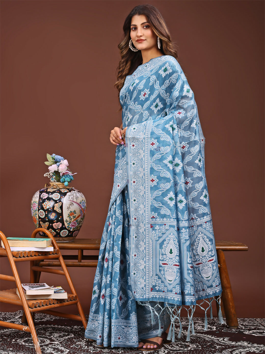 Shree Shyam Fashion Pankhuri Sky Blue Linen Cotton Saree