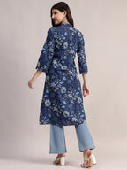 Aavyora Women's Navy Blue Floral Printed Cotton A-Line Kurta with Pintuck Detailing