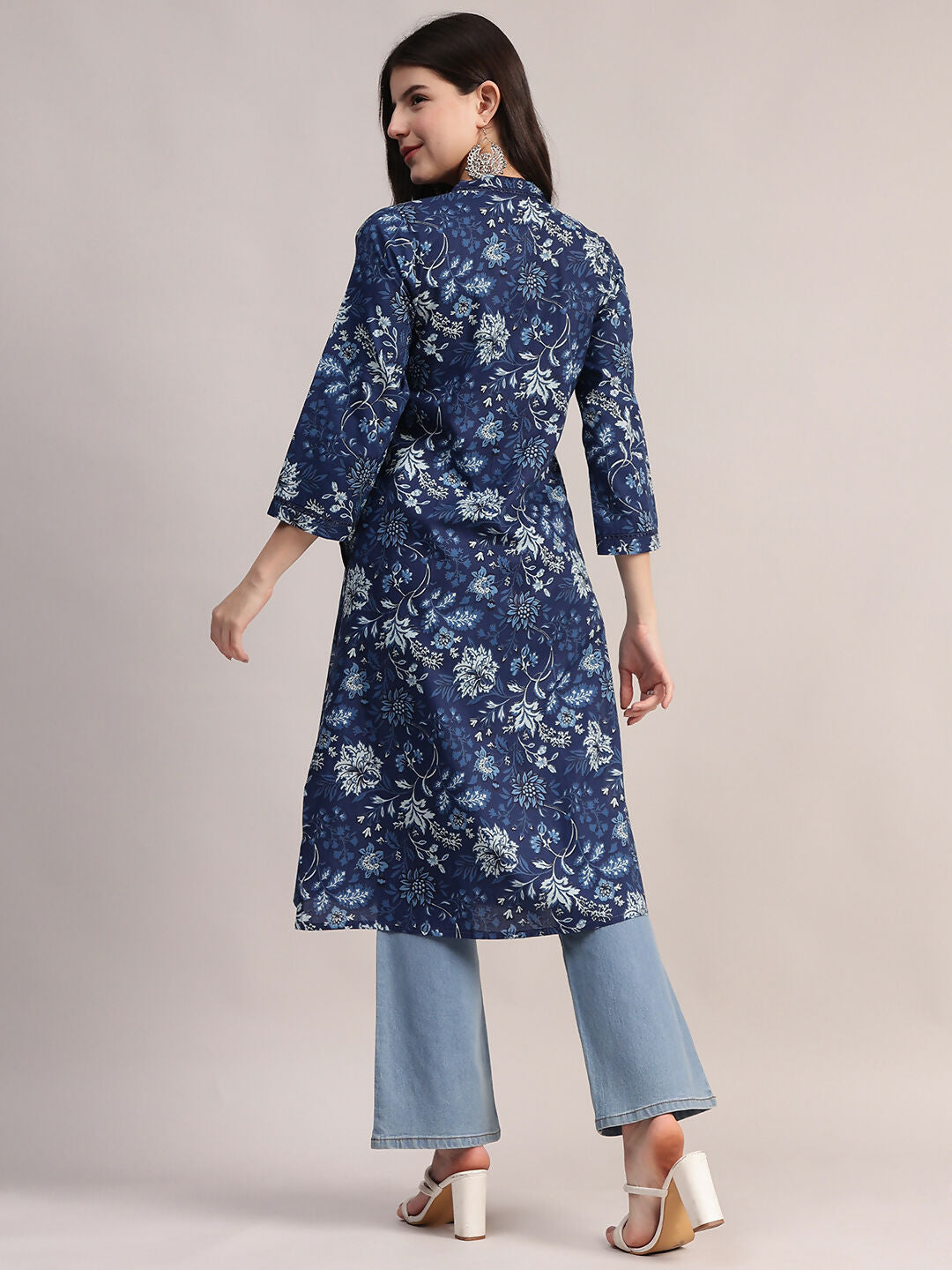 Aavyora Women's Navy Blue Floral Printed Cotton A-Line Kurta with Pintuck Detailing