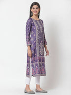 Myshka Women's Purple Printed Polyester Full Sleeve Round Neck Casual Kurta