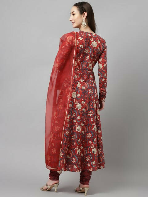 FIORRA Women's Maroon Pure Cotton Flared Kurta Pant With Dupatta