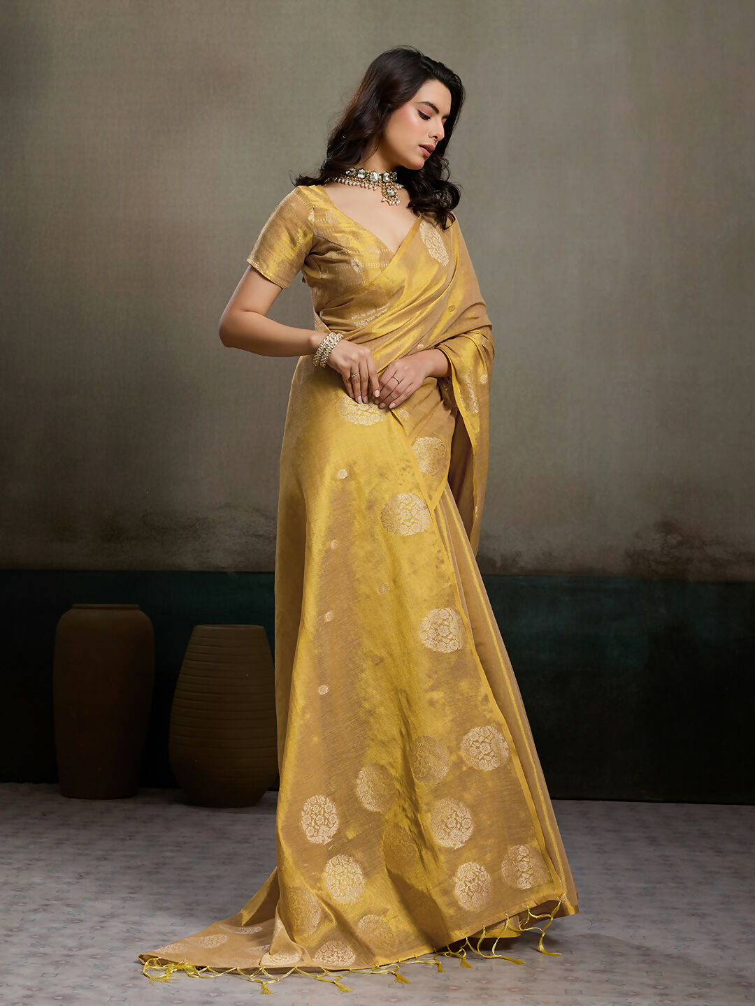 Shree Shyam Fashion Beige Tissue Silk Saree - Distacart