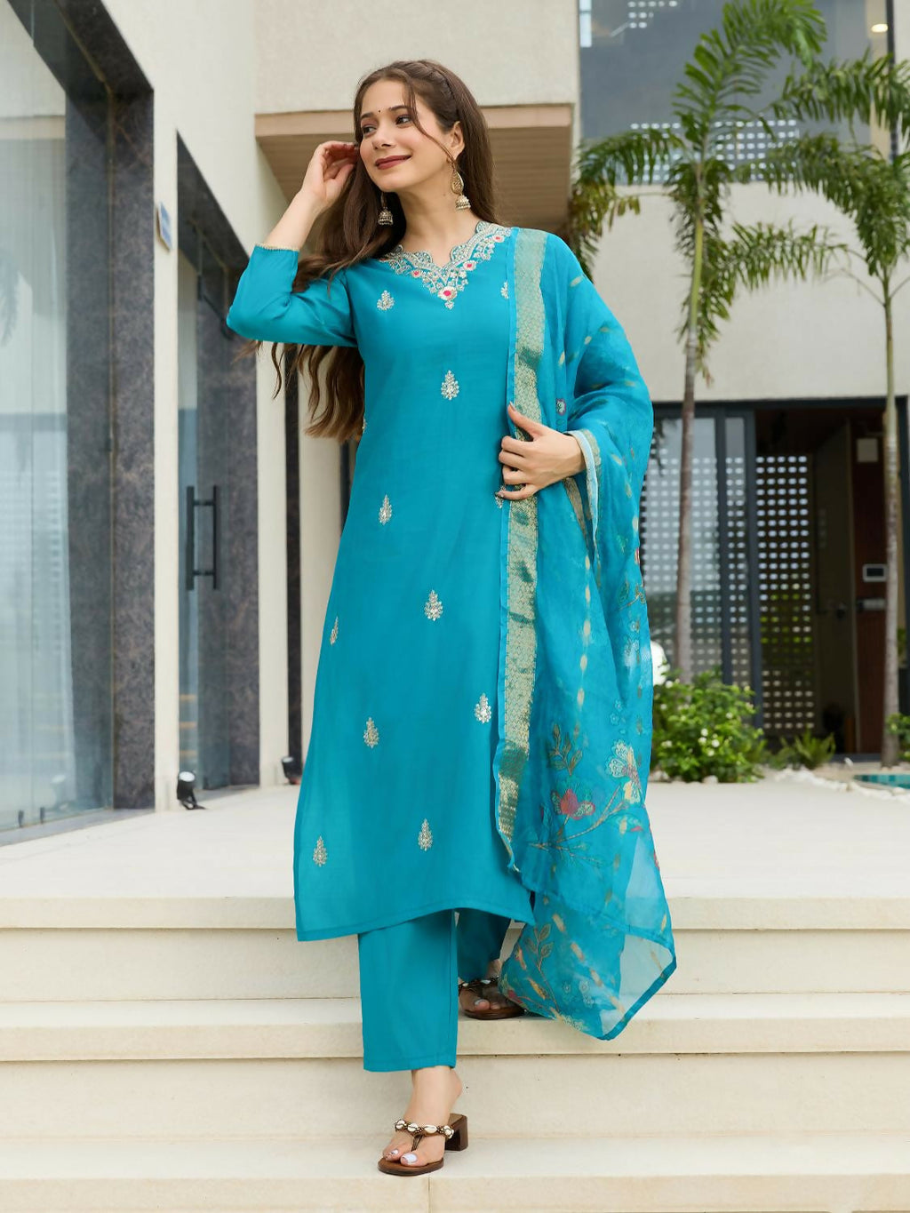 The52 Blue Women's Gorgeous Viscose Fabric Embroidered Work Straight Kurta, Pant and Dupatta Set - Distacart