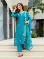 The52 Blue Women's Gorgeous Viscose Fabric Embroidered Work Straight Kurta, Pant and Dupatta Set - Distacart