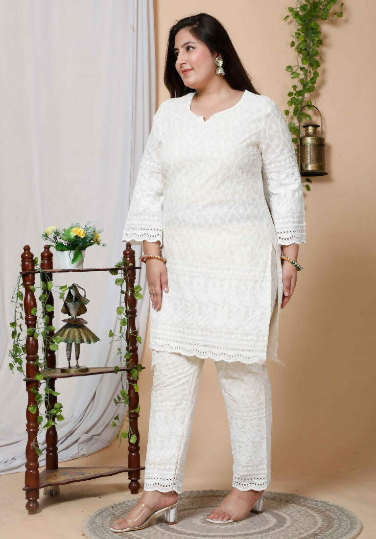 Miravan Women's Plus Size Beige Chikankari Thread Work Kurti With Palazzo