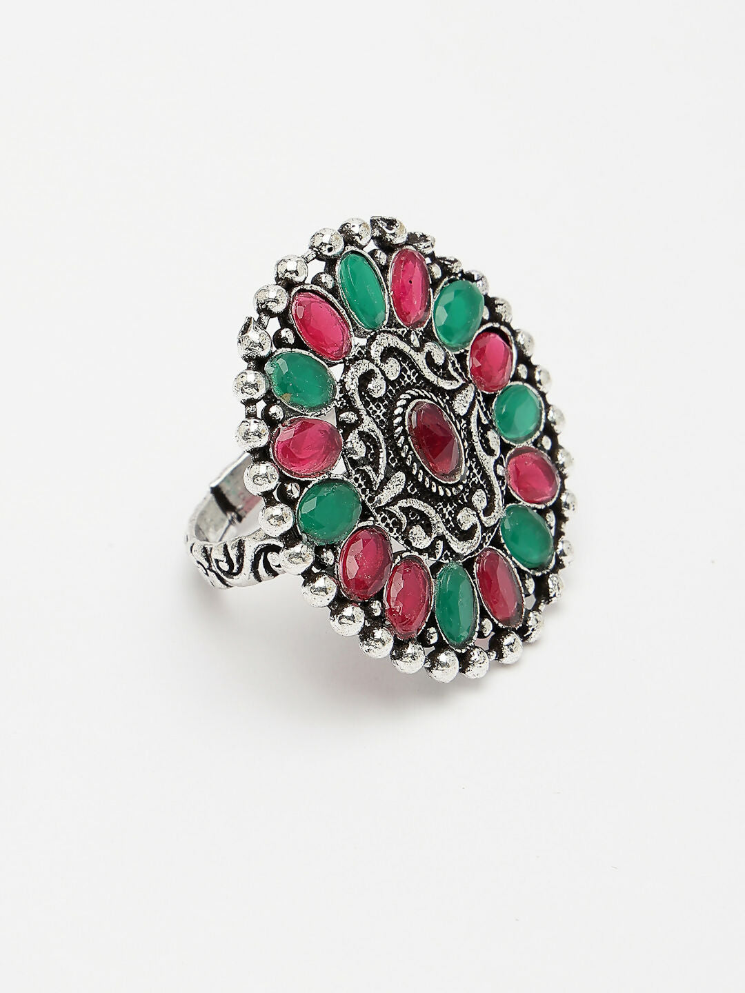 NVR Women's Multicolor Silver-Plated Circular Shape Adjustable Finger Ring