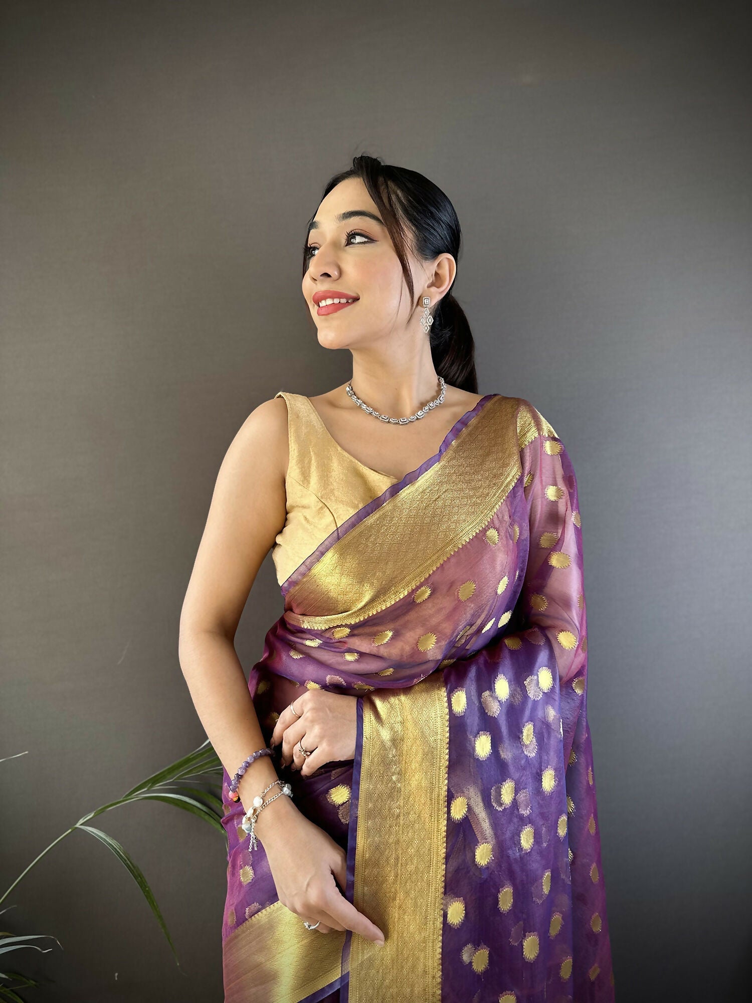 Joban Fashion Purple Polka-Dot Zari Woven Organza Silk Banarasi Silk Saree - Distacart