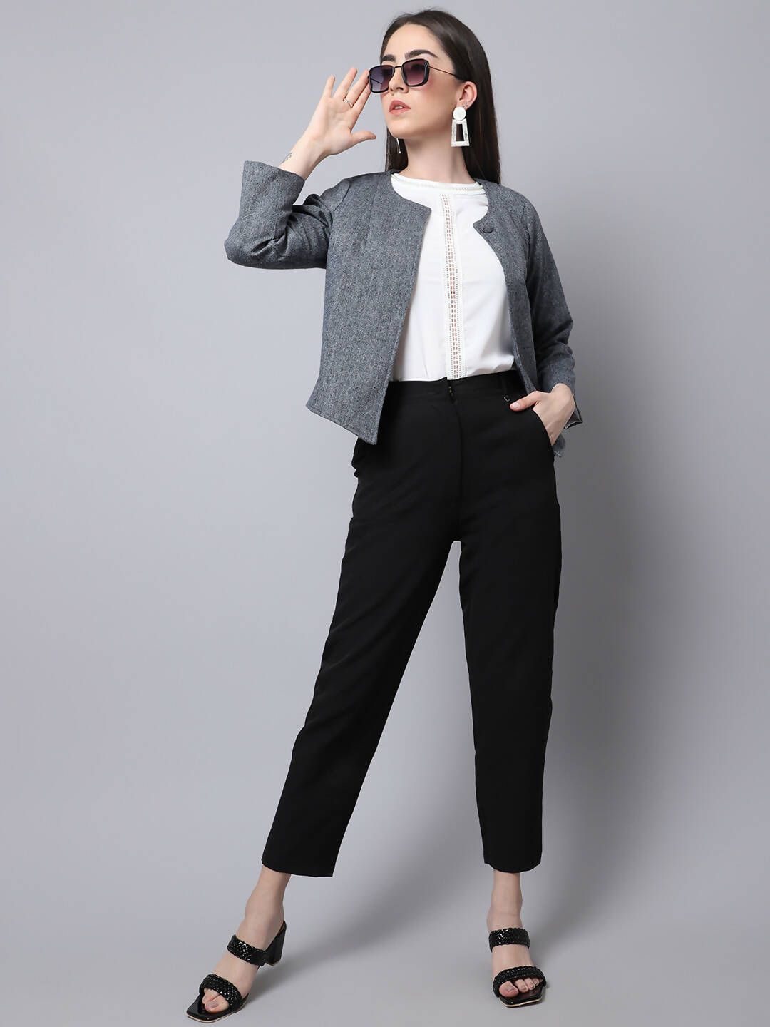 Even Apparels Grey Pure Wool Open Front Statement Jacket