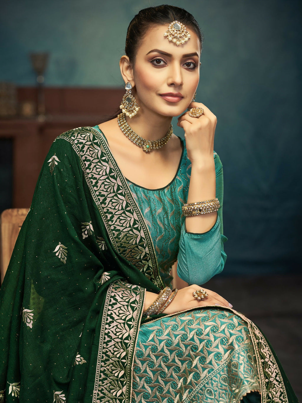 Anaita Light Green Premium Embroidered with servos waki diamond Vichitra Silk Stitched Salwar Suit - Distacart