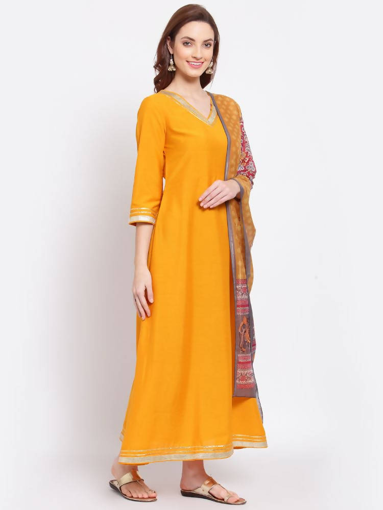 Myshka Women's Yellow Printed Silk Blend 3/4 Sleeve V Neck Casual Kurta Dupatta Set