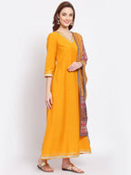 Myshka Women's Yellow Printed Silk Blend 3/4 Sleeve V Neck Casual Kurta Dupatta Set