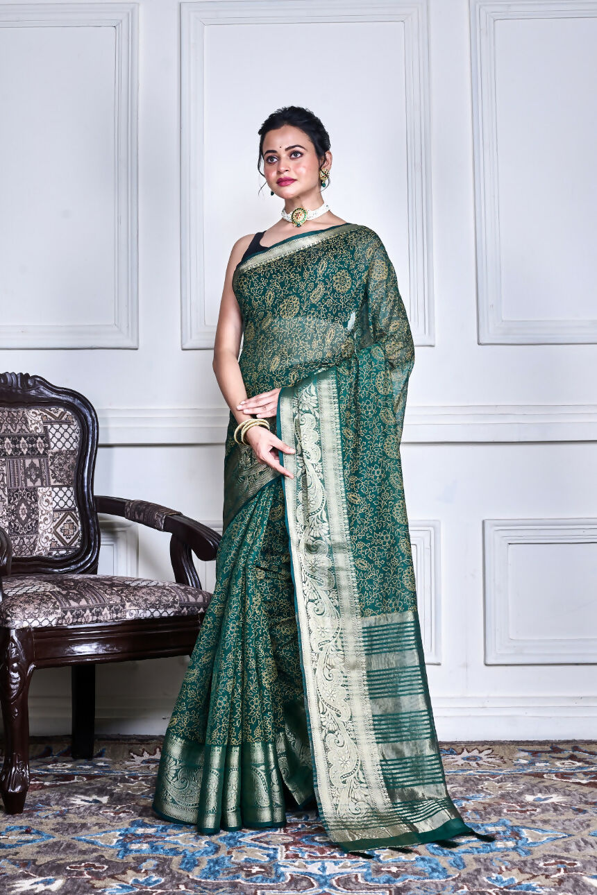 Morchari Green Script Printed Orzanga Saree Unstitched Blouse - Distacart