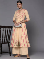 Ahalyaa Women Cream-Coloured & Pink Floral Print Pure Cotton Anarkali Kurta with Palazzos - Distacart