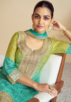 Lorenvalley Fashion Green and Teal Chinon Embroidery With Sequince Work Salwar Kameez Stitched
