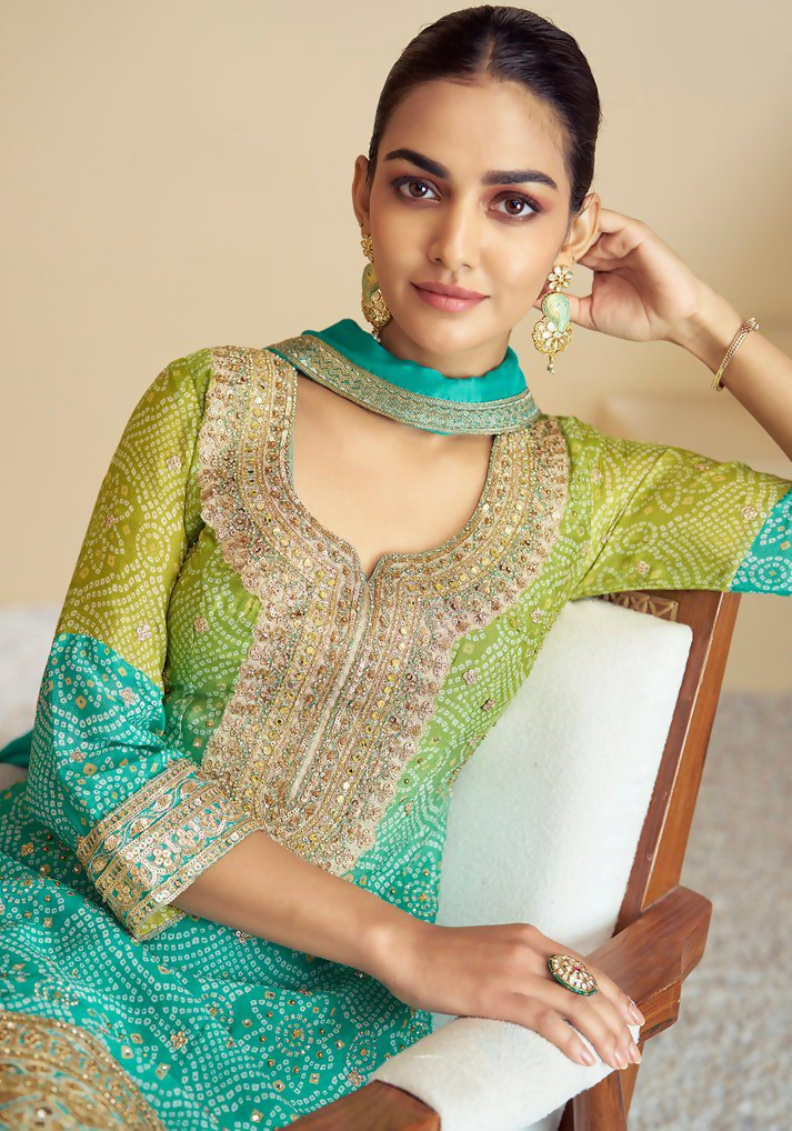 Lorenvalley Fashion Green and Teal Chinon Embroidery With Sequince Work Salwar Kameez Stitched