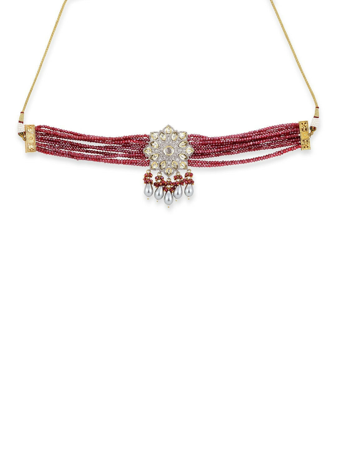 Maroon Kundan Choker with Pearl Drops- Ruby Raang