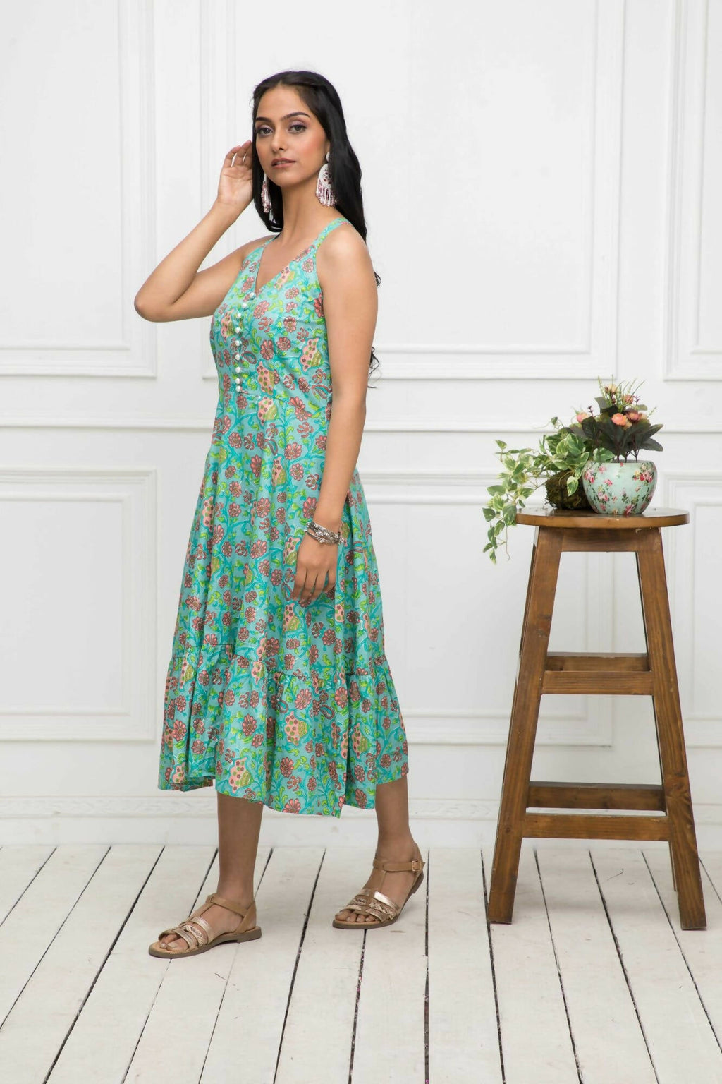 Myshka Women Green Floral Cotton A-Line Round Neck Long Dress - Distacart