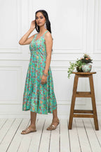 Myshka Women Green Floral Cotton A-Line Round Neck Long Dress - Distacart