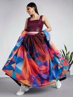 House of Panchhi Multi colour Organza Abstrack design digital print Semi-Stitched Lehenga choli & Dupatta