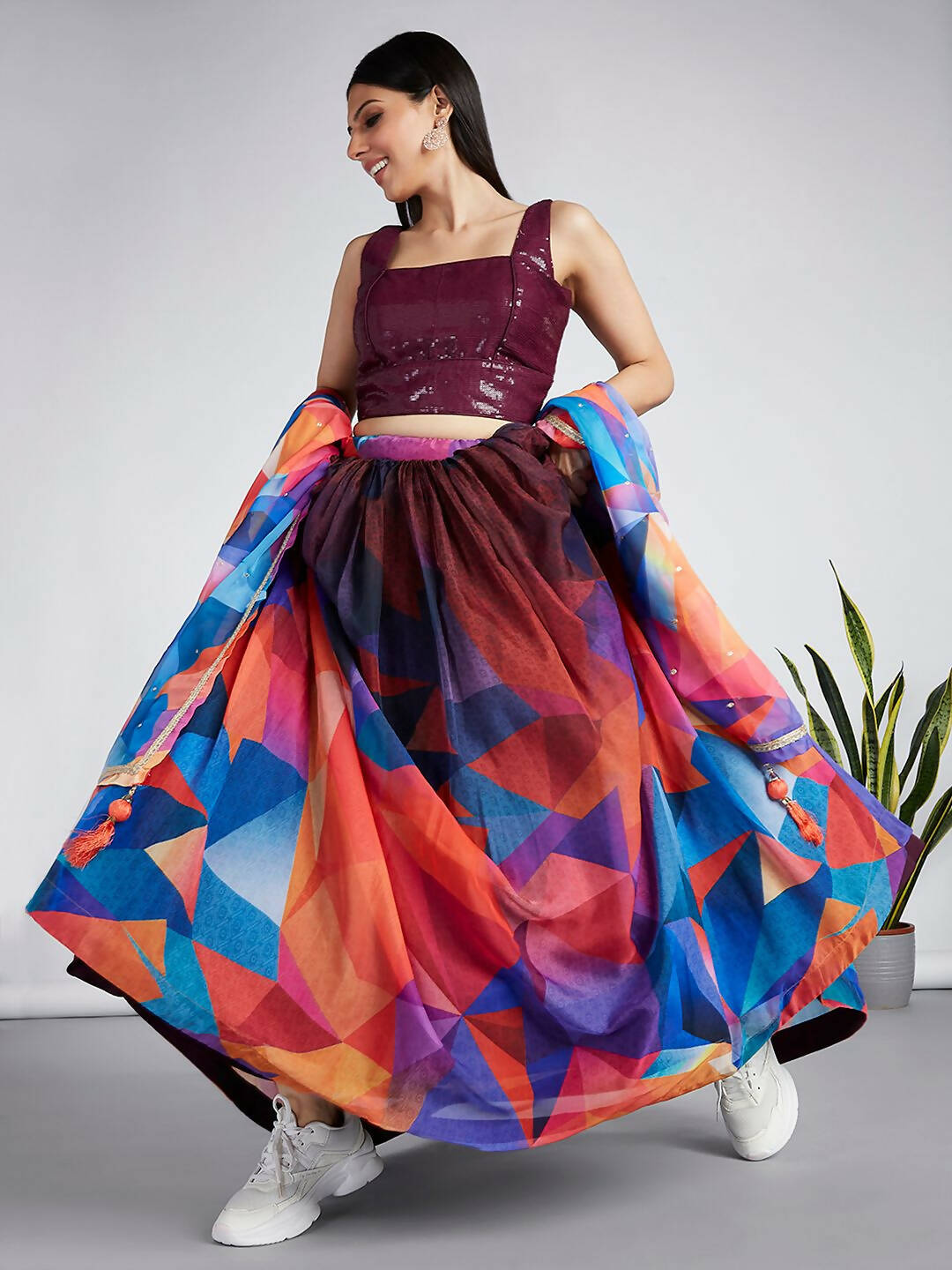 House of Panchhi Multi colour Organza Abstrack design digital print Semi-Stitched Lehenga choli & Dupatta