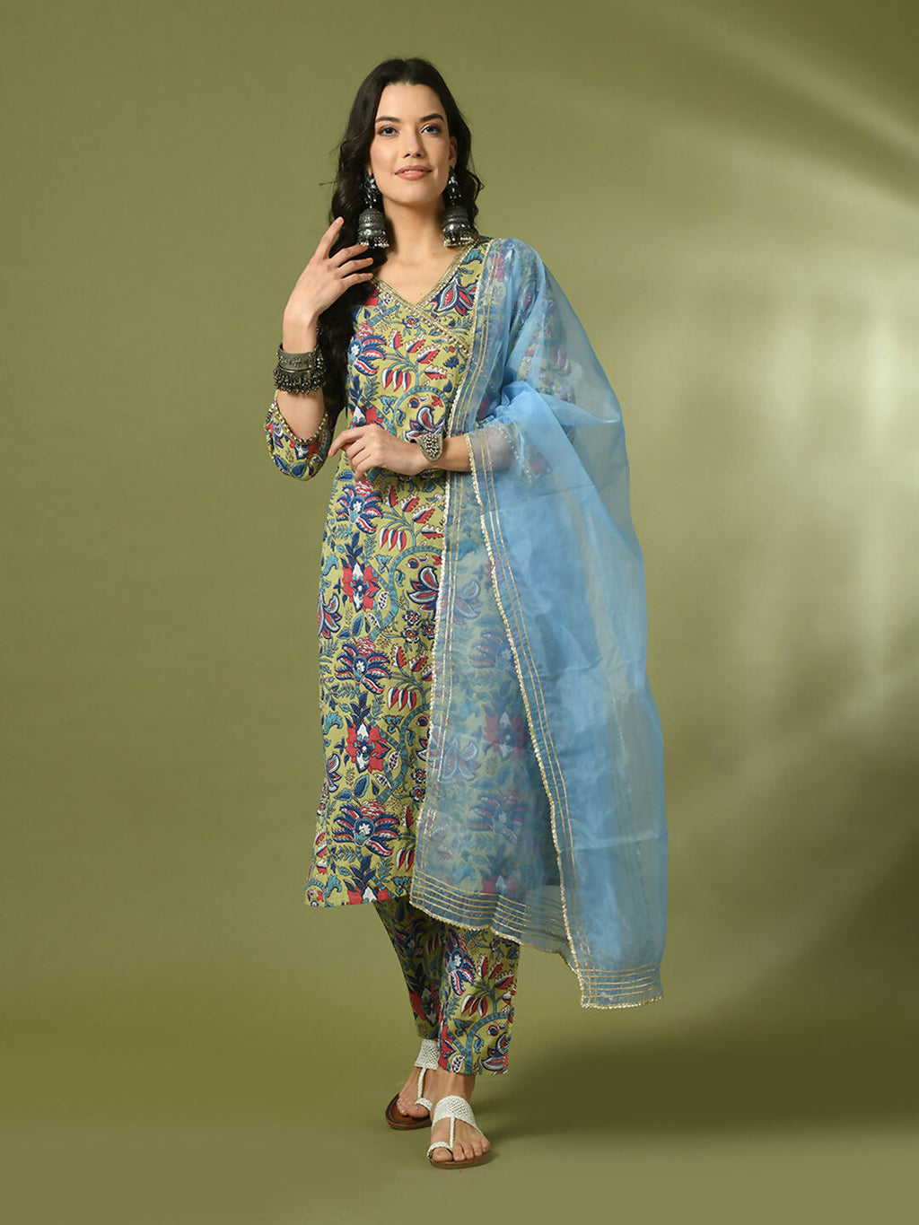 Myshka Women's Multi Printed Cotton Straight Party Kurta Set With Dupatta