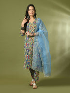 Myshka Women's Multi Printed Cotton Straight Party Kurta Set With Dupatta
