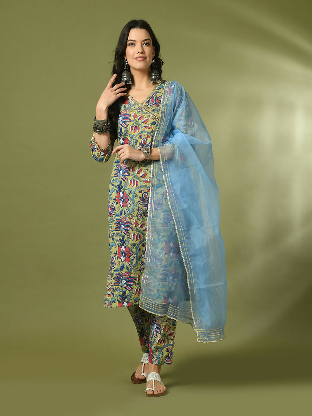 Myshka Women's Multi Printed Cotton Straight Party Kurta Set With Dupatta