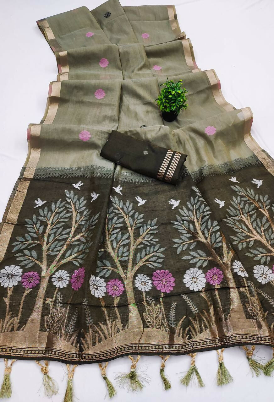 Vastranavya Grey Muga Cotton Meenakari & Azarakh Pallu Saree with Contrast Blouse - Distacart