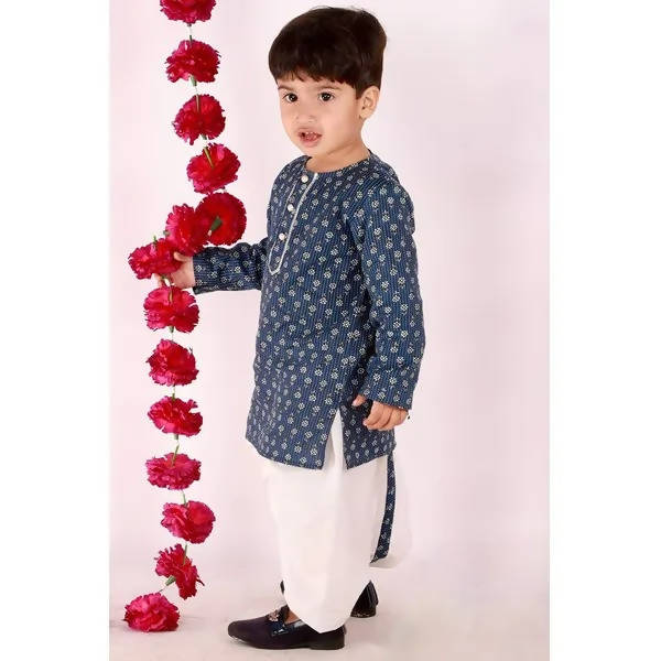 Little Bansi Girls Indigo and White Cplor Bengali Kantha work floral kurta with Dhoti