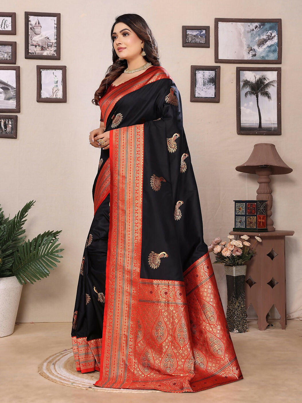 Joban Fashion Banarasi Black Small Butti Soft Silk Saree - Distacart