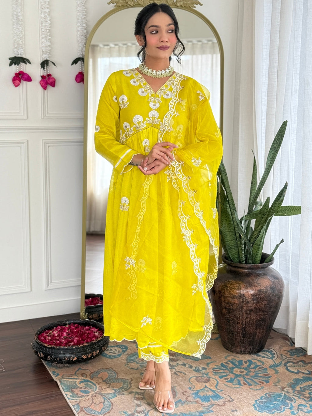 The52 Women's Gorgeous Vichitra Silk Embroidery Flared Kurta with Pant And Dupatta Set - Distacart