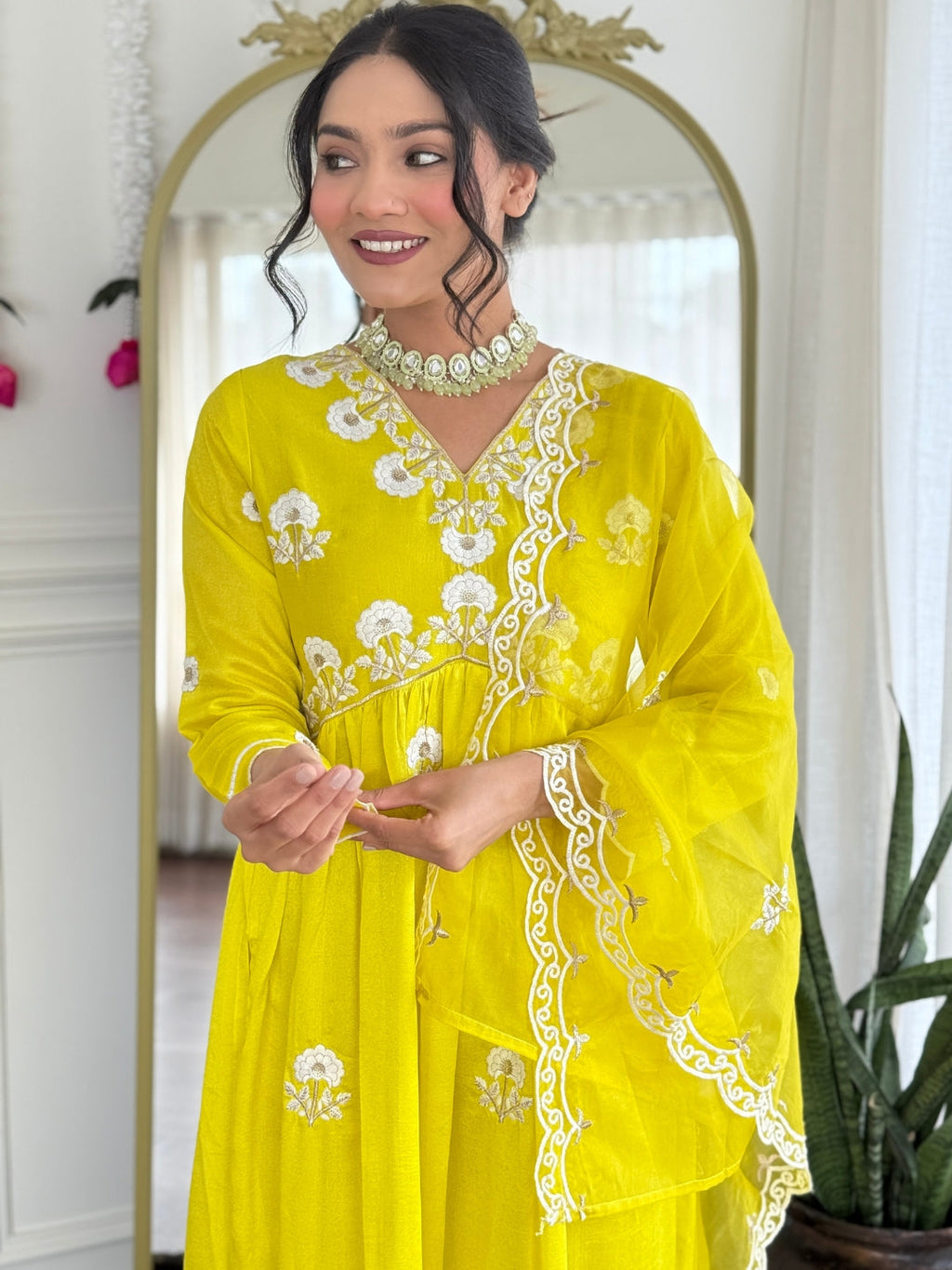 The52 Women's Gorgeous Vichitra Silk Embroidery Flared Kurta with Pant And Dupatta Set - Distacart