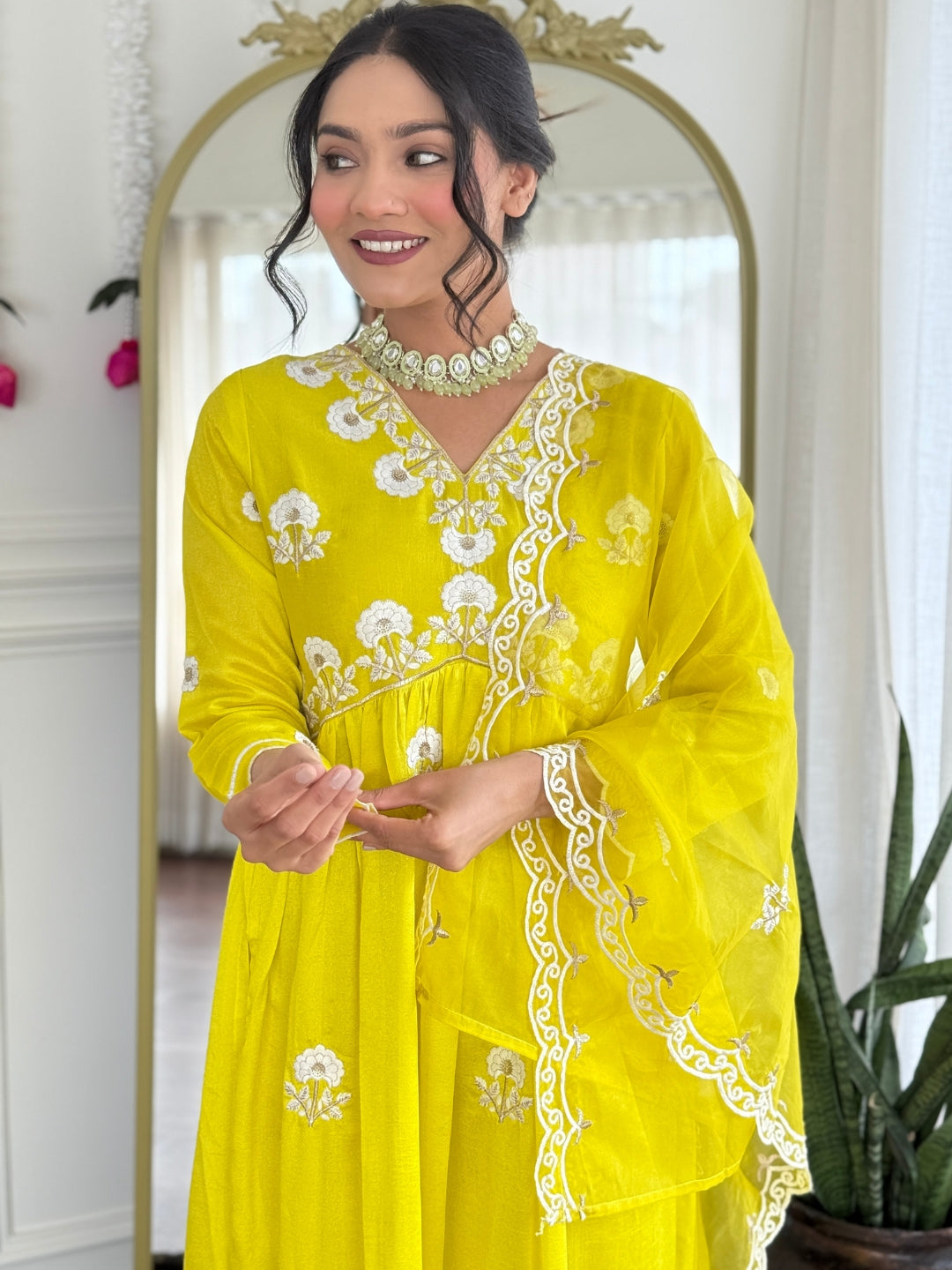 The52 Women's Gorgeous Vichitra Silk Embroidery Flared Kurta with Pant And Dupatta Set - Distacart