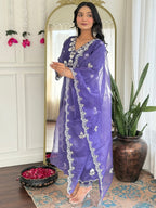 The52 Women's Gorgeous Vichitra Silk Embroidery Flared Kurta with Pant And Dupatta Set - Distacart