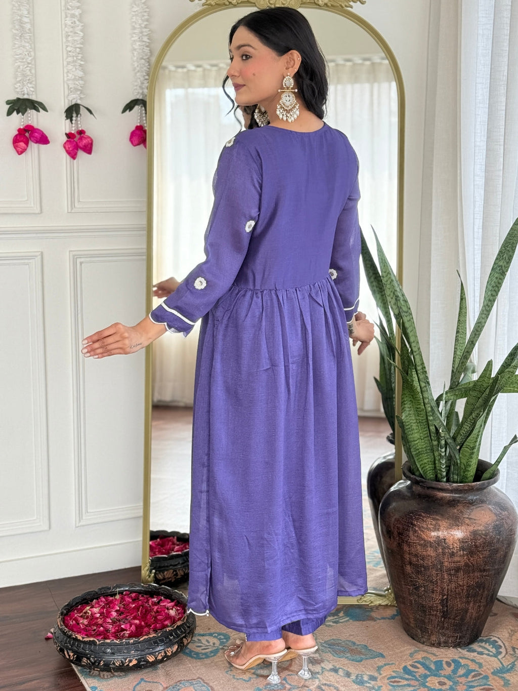 The52 Women's Gorgeous Vichitra Silk Embroidery Flared Kurta with Pant And Dupatta Set - Distacart